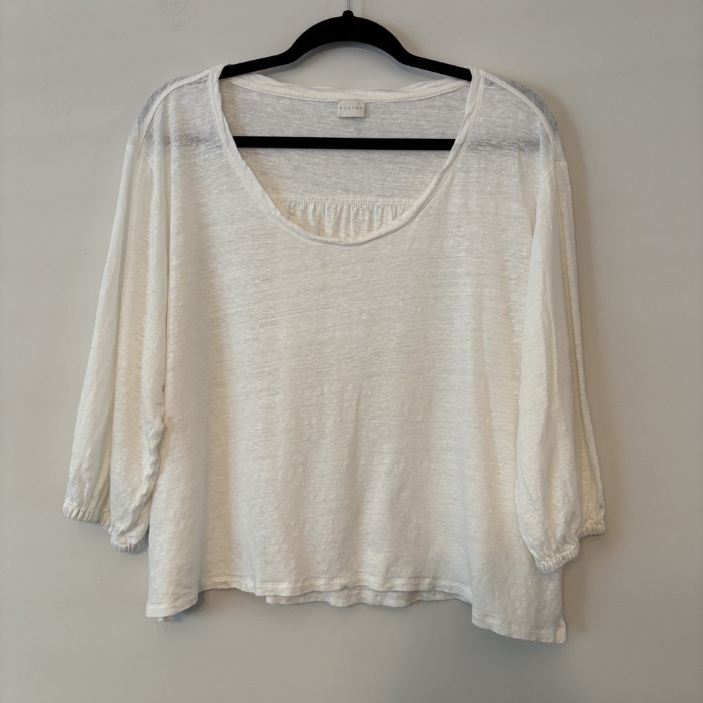 Poetry 100% Linen Boxy 3/4 Sleeve Top White US 16 Lagenlook Minimalist Coastal